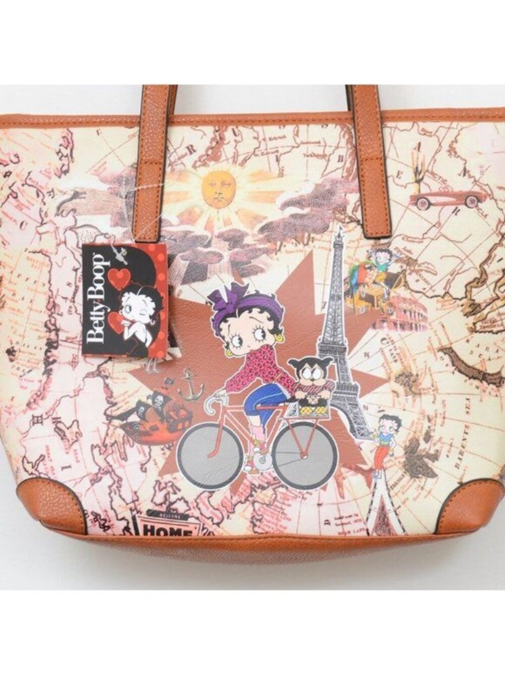 NWT Betty Boop Travels the World Bicycle Shoulder Handbag Tote Purse Tan Vegan